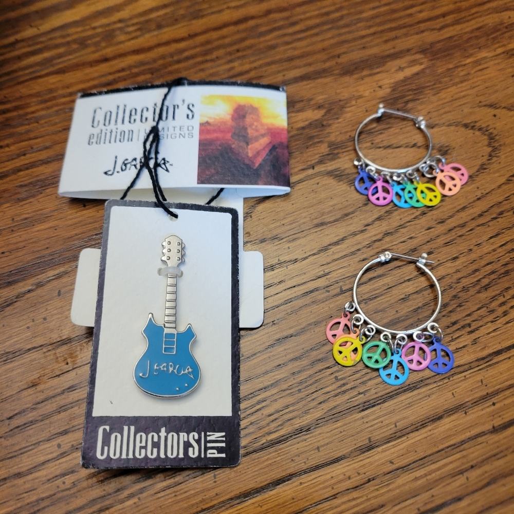 J. Garcia Guitar Pin and Peace Sign Earrings His & Hers "Dead Head" Jewerly
